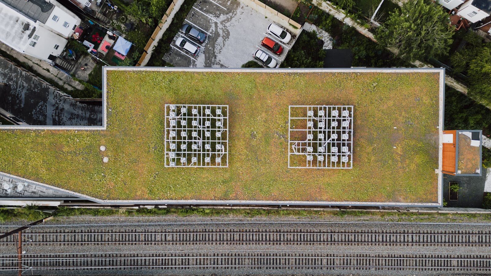 Aerial shot of a green rooftop in Philadelphia, showcasing sustainable urban design.